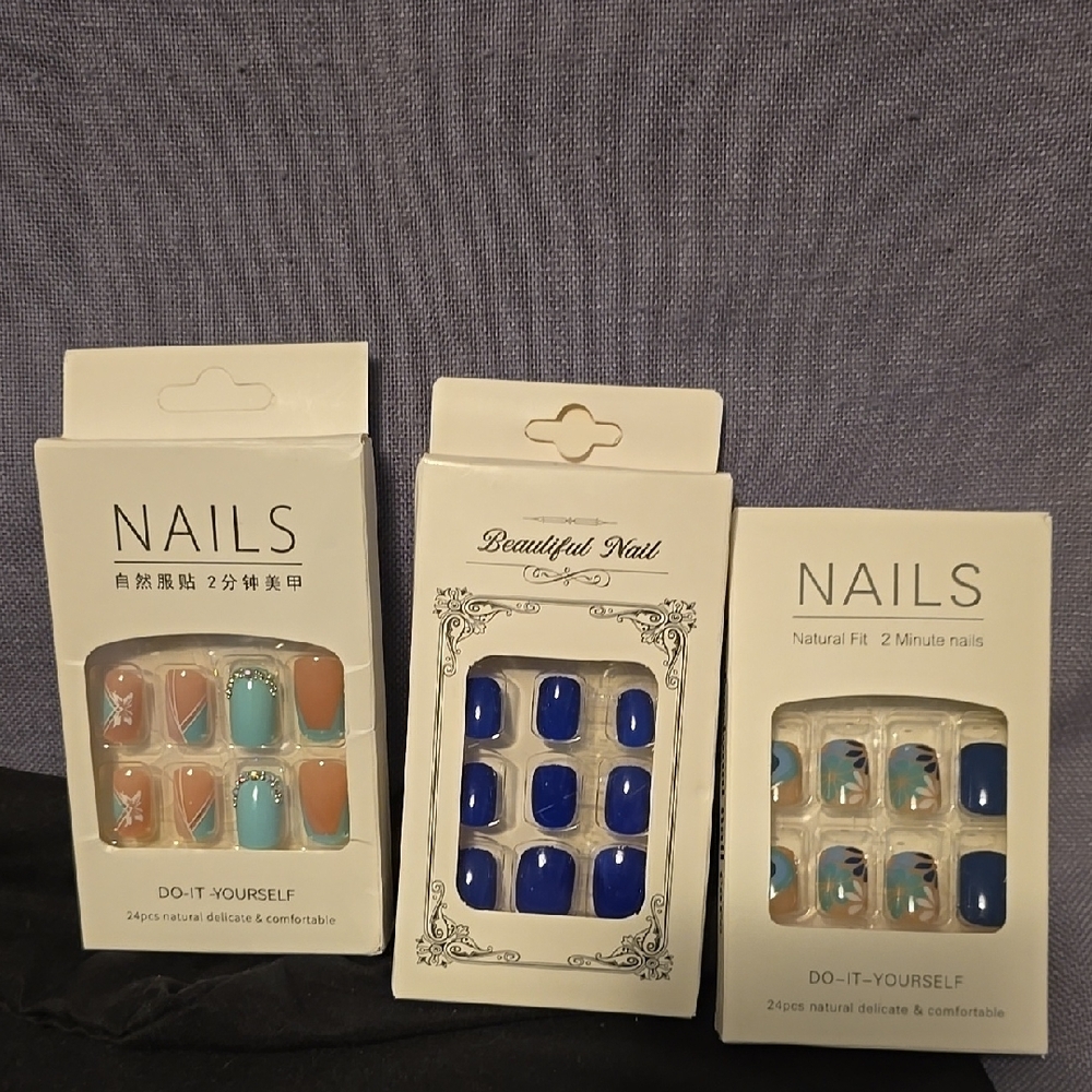 3 Sets of Beautiful Nail Blue and Tan Press On Nails